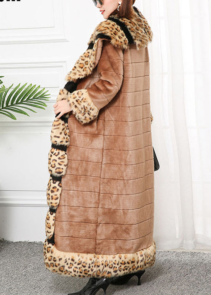 Bohemian Khaki Fox Collar Patchwork Leopard Faux Fur Coat Winter Ada Fashion