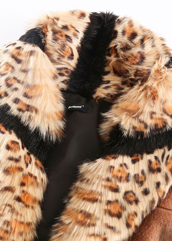 Bohemian Khaki Fox Collar Patchwork Leopard Faux Fur Coat Winter Ada Fashion