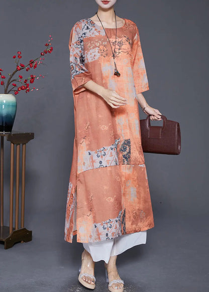 Bohemian Khaki O-Neck Patchwork Print Linen Vacation Dresses Bracelet Sleeve Ada Fashion