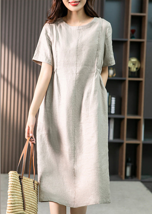 Bohemian Khaki O-Neck Patchwork Wrinkled Linen Long Dresses Summer LY1755 - fabuloryshop