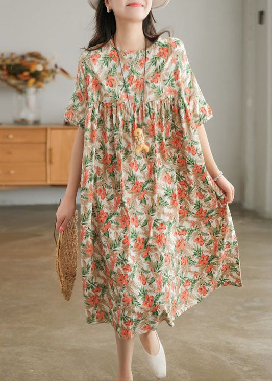 Bohemian Khaki Oversized Print Cotton A Line Dresses Short Sleeve LY0908 - fabuloryshop