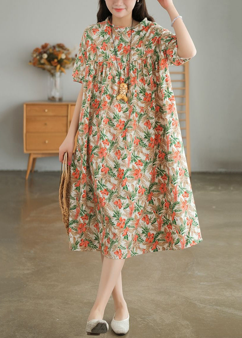 Bohemian Khaki Oversized Print Cotton A Line Dresses Short Sleeve LY0908 - fabuloryshop