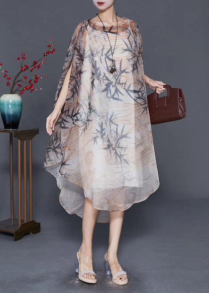 Bohemian Khaki Oversized Print Tulle Dress Cloak Sleeves Ada Fashion