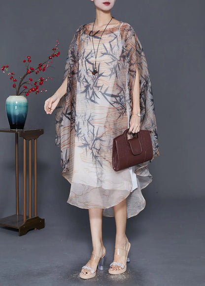 Bohemian Khaki Oversized Print Tulle Dress Cloak Sleeves Ada Fashion