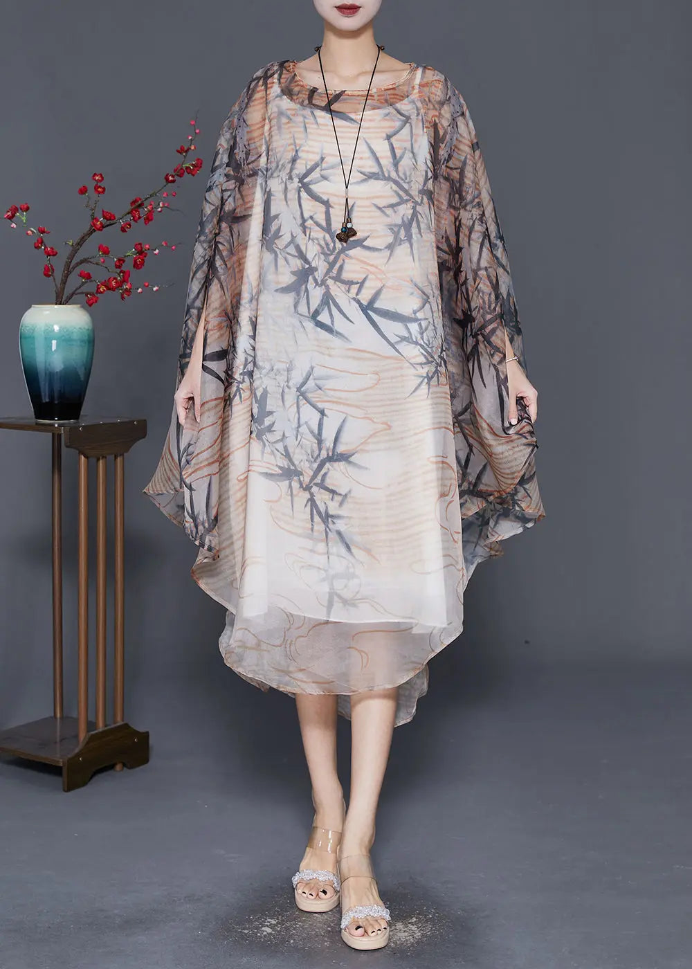 Bohemian Khaki Oversized Print Tulle Dress Cloak Sleeves Ada Fashion