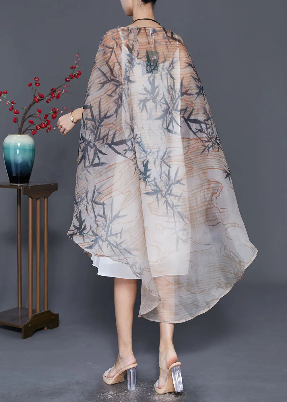 Bohemian Khaki Oversized Print Tulle Dress Cloak Sleeves Ada Fashion