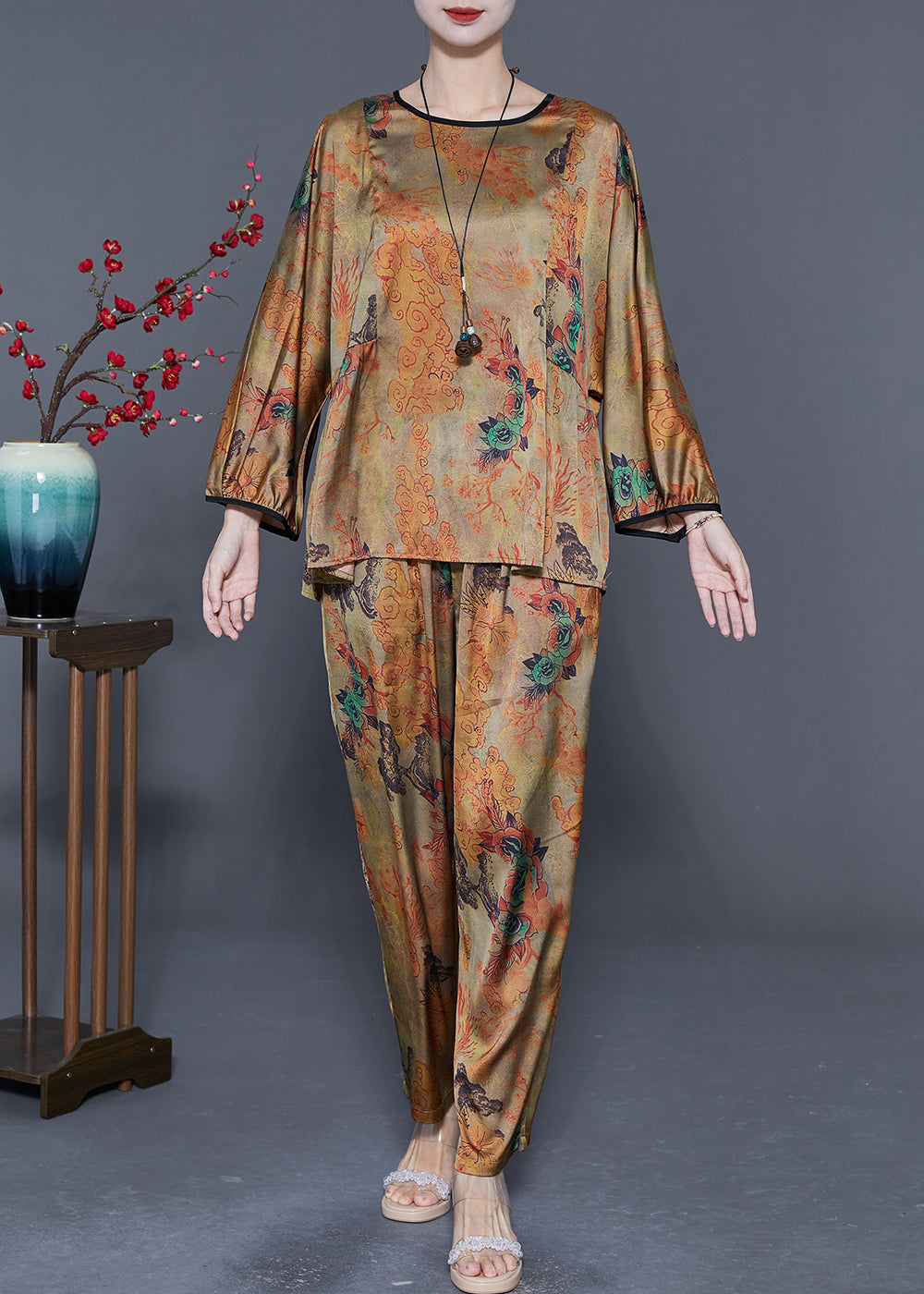 Bohemian Khaki Oversized Print Wrinkled Silk Women Sets 2 Pieces Summer LY5585 - fabuloryshop