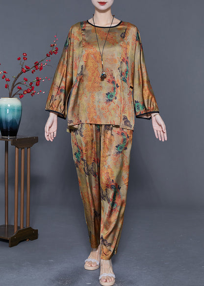 Bohemian Khaki Oversized Print Wrinkled Silk Women Sets 2 Pieces Summer LY5585 - fabuloryshop