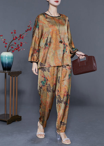 Bohemian Khaki Oversized Print Wrinkled Silk Women Sets 2 Pieces Summer LY5585 - fabuloryshop