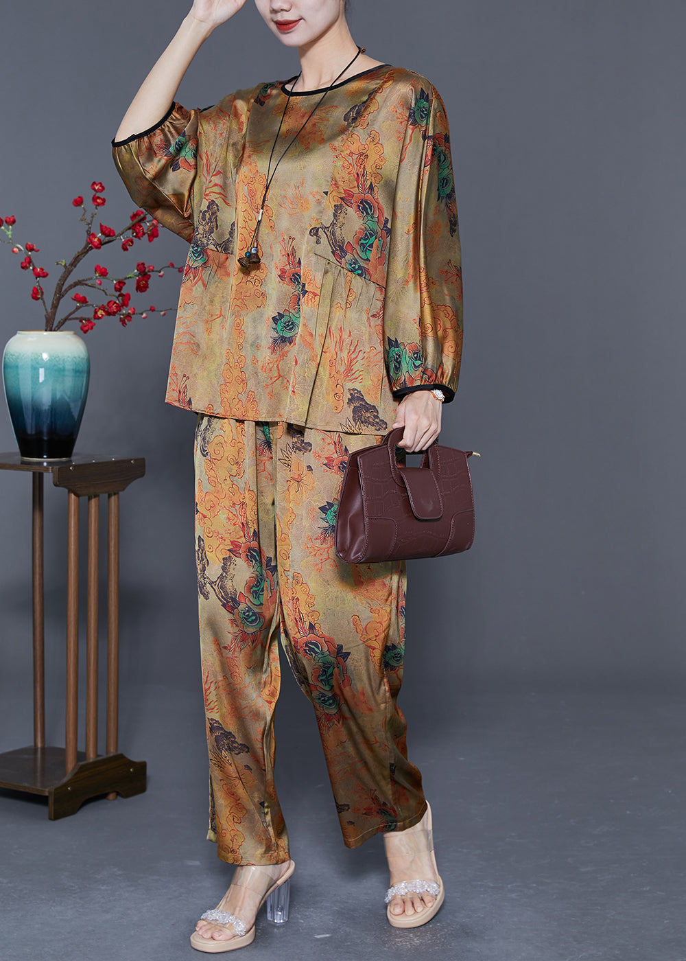 Bohemian Khaki Oversized Print Wrinkled Silk Women Sets 2 Pieces Summer LY5585 - fabuloryshop