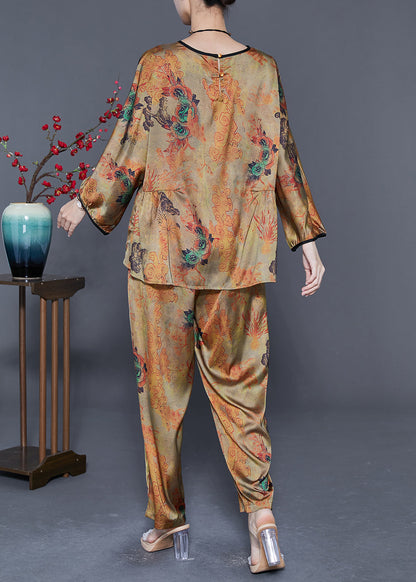 Bohemian Khaki Oversized Print Wrinkled Silk Women Sets 2 Pieces Summer LY5585 - fabuloryshop