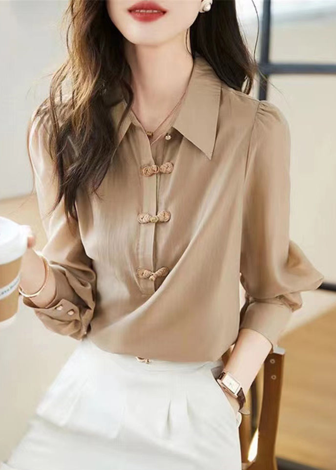 Bohemian Khaki Peter Pan Collar Chinese Button Cotton Tops Fall Ada Fashion