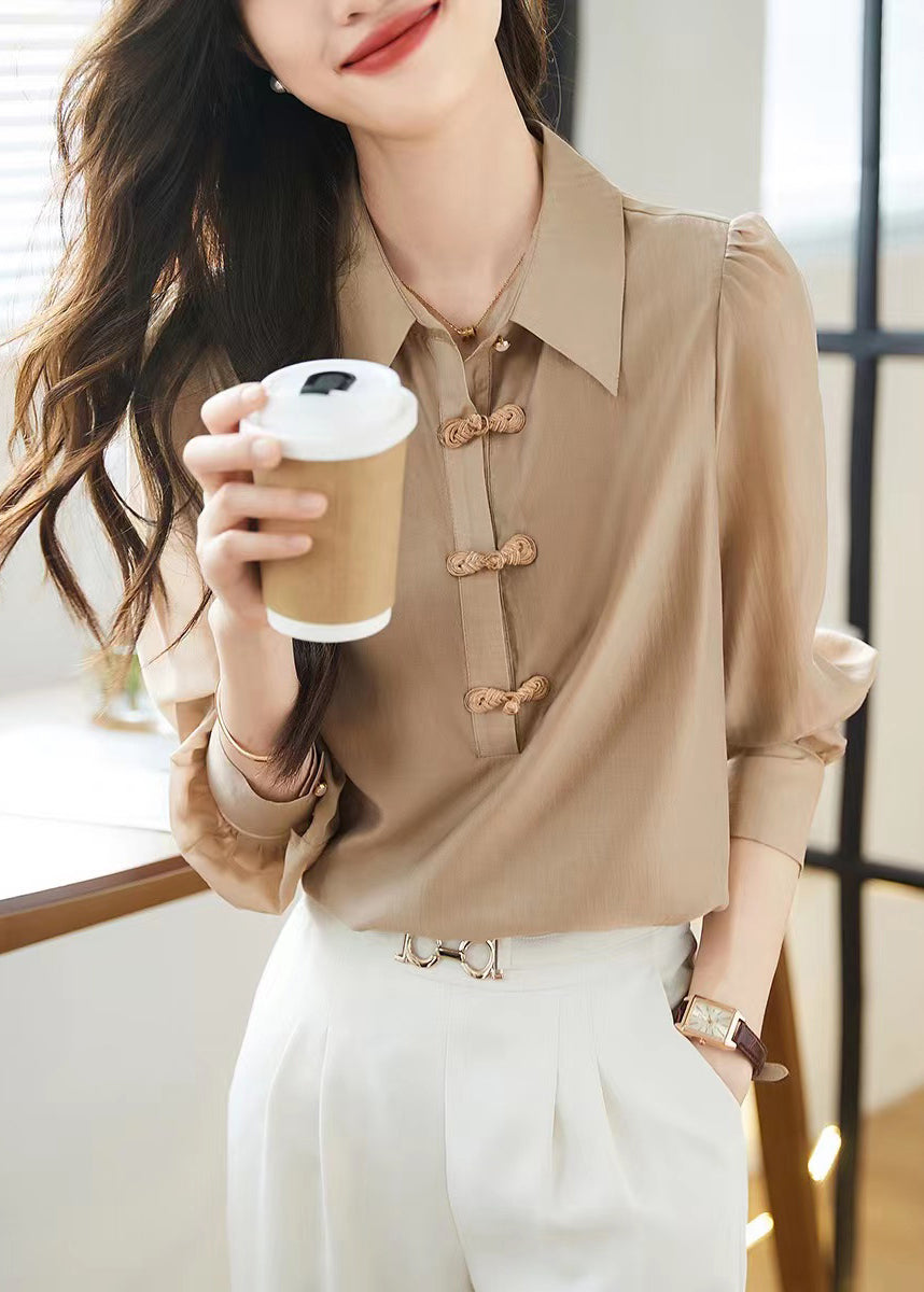 Bohemian Khaki Peter Pan Collar Chinese Button Cotton Tops Fall Ada Fashion