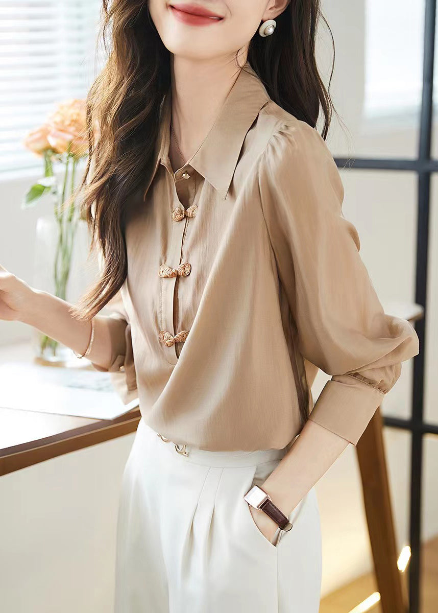 Bohemian Khaki Peter Pan Collar Chinese Button Cotton Tops Fall Ada Fashion