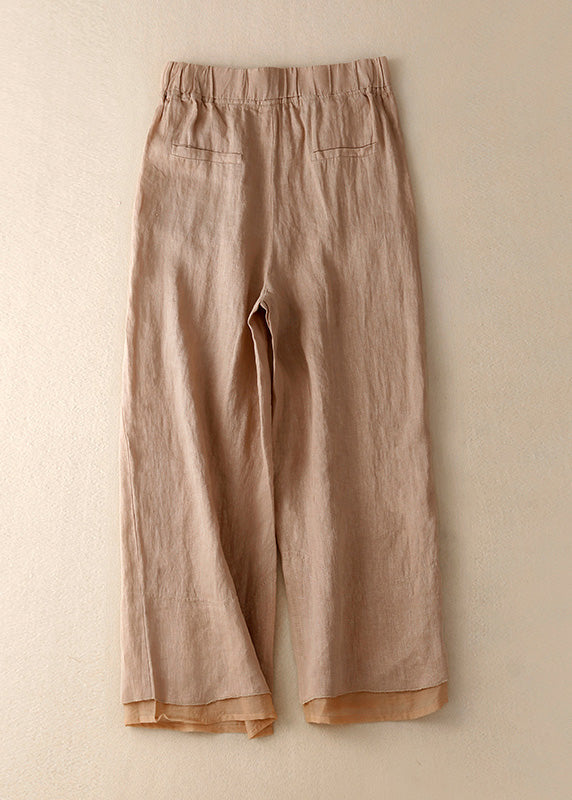 Bohemian Khaki Pockets Elastic Waist Solid Linen Crop Pants Summer LY4496 - fabuloryshop