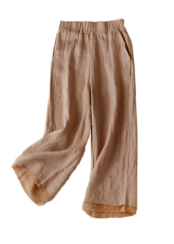 Bohemian Khaki Pockets Elastic Waist Solid Linen Crop Pants Summer LY4496 - fabuloryshop