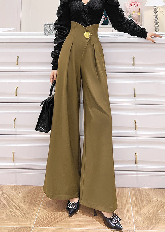 Bohemian Khaki Pockets High Waist Patchwork Spandex Wide Leg Pants Fall Ada Fashion