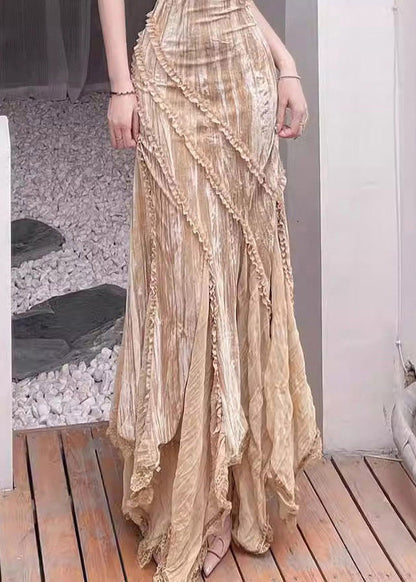 Bohemian Khaki Ruffled Asymmetrical Design Chiffon Spaghetti Strap Dress Summer Ada Fashion