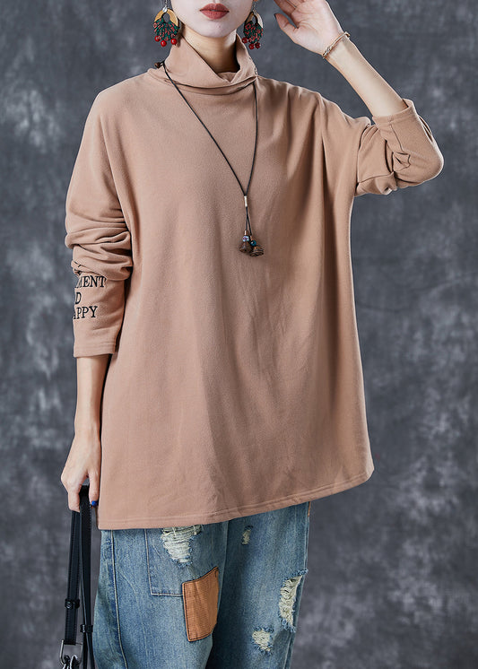 Bohemian Khaki Turtle Neck Letter Embroideried Velour Tops Fall Ada Fashion