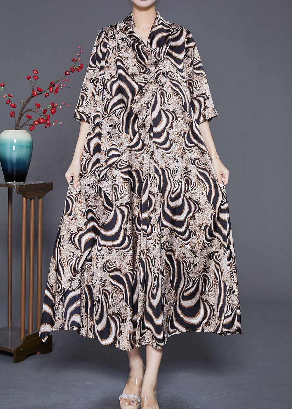 Bohemian Khaki Turtle Neck Print Chiffon Long Dress Summer Ada Fashion