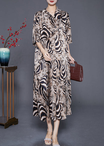 Bohemian Khaki Turtle Neck Print Chiffon Long Dress Summer Ada Fashion