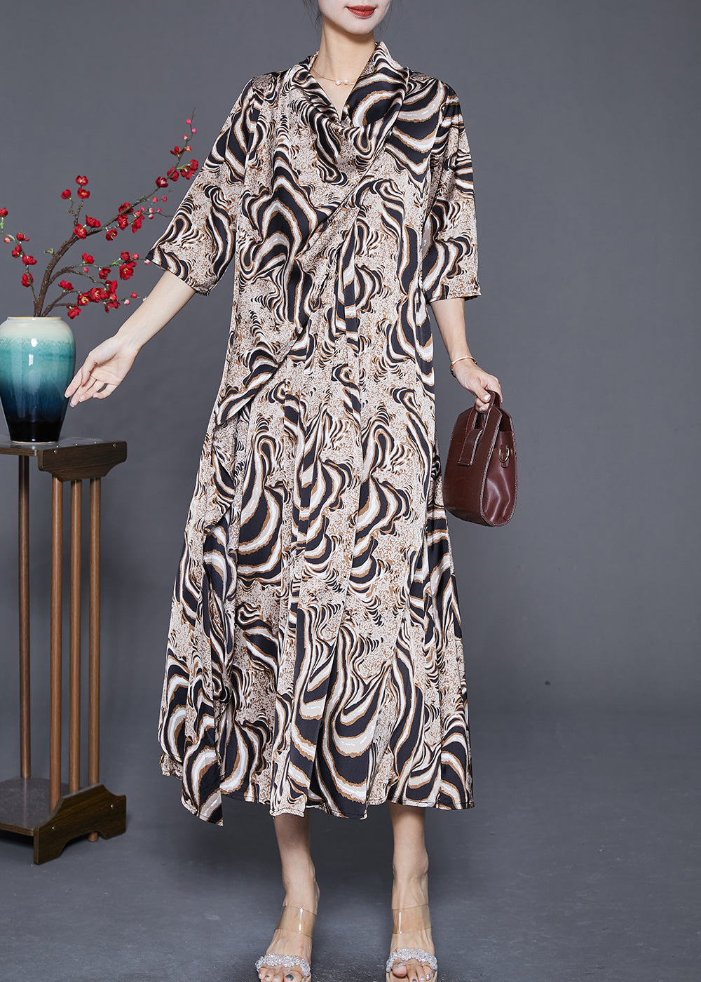 Bohemian Khaki Turtle Neck Print Chiffon Long Dress Summer Ada Fashion