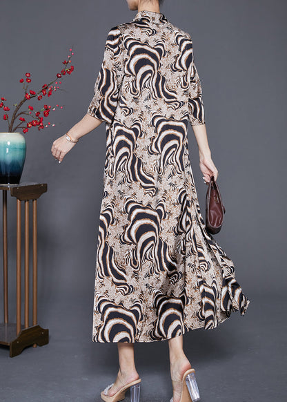 Bohemian Khaki Turtle Neck Print Chiffon Long Dress Summer Ada Fashion