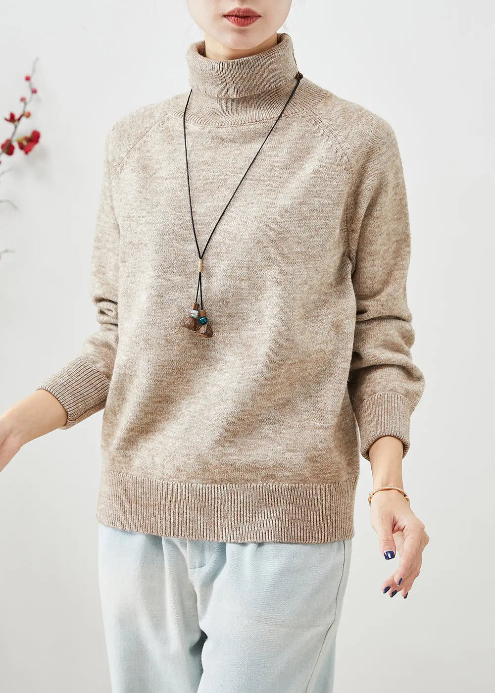 Bohemian Khaki Turtle Neck Silm Fit Knit Short Sweater Winter Ada Fashion