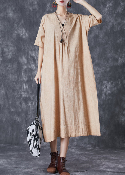 Bohemian Khaki V Neck Pockets Linen Long Dress Summer Ada Fashion