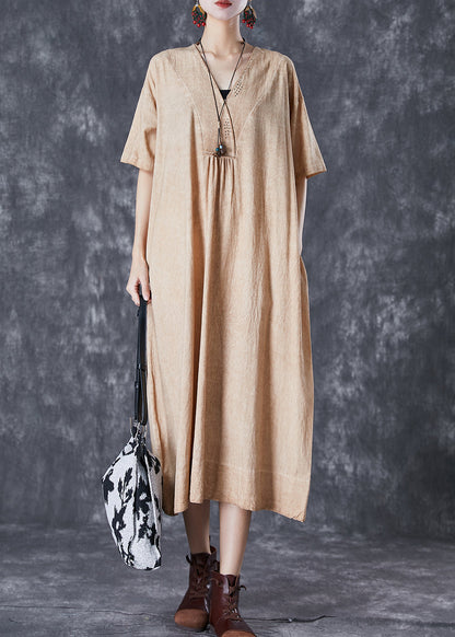 Bohemian Khaki V Neck Pockets Linen Long Dress Summer Ada Fashion