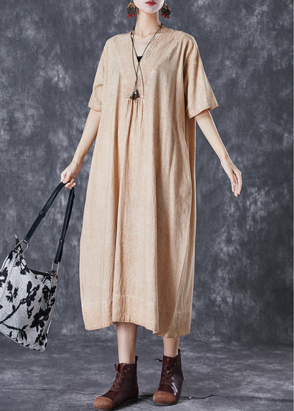 Bohemian Khaki V Neck Pockets Linen Long Dress Summer Ada Fashion