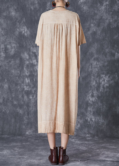 Bohemian Khaki V Neck Pockets Linen Long Dress Summer Ada Fashion