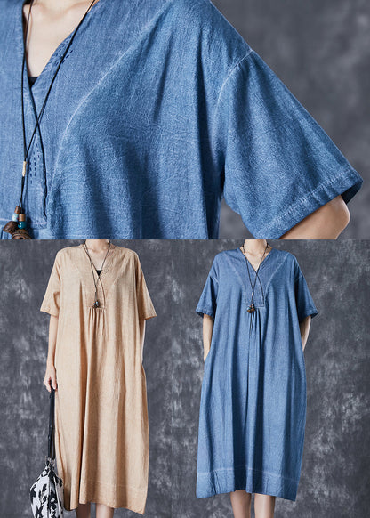 Bohemian Khaki V Neck Pockets Linen Long Dress Summer Ada Fashion