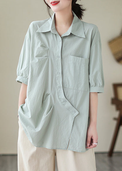 Bohemian Light Blue Asymmetrical Wrinkled Cotton Blouses Half Sleeve LY5279 - fabuloryshop