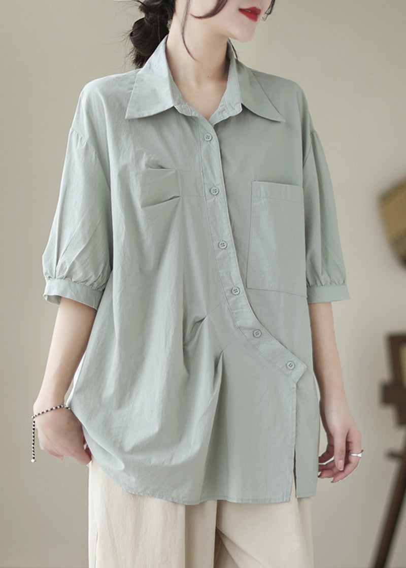 Bohemian Light Blue Asymmetrical Wrinkled Cotton Blouses Half Sleeve LY5279 - fabuloryshop