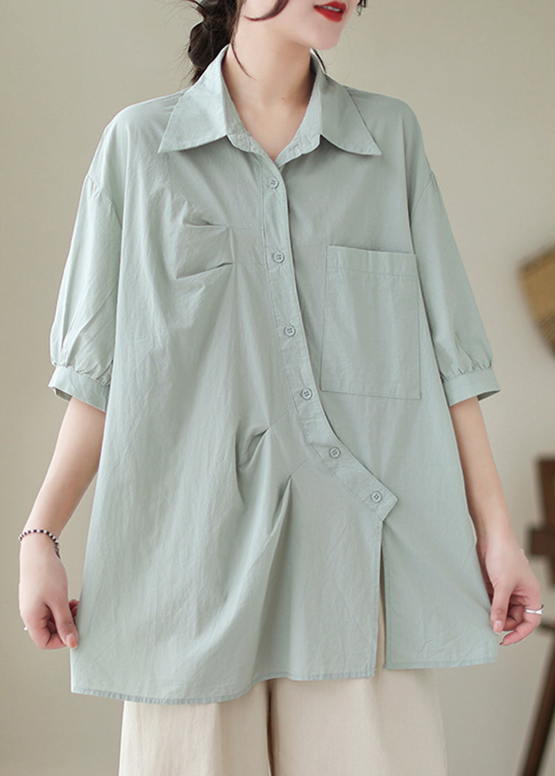 Bohemian Light Blue Asymmetrical Wrinkled Cotton Blouses Half Sleeve LY5279 - fabuloryshop