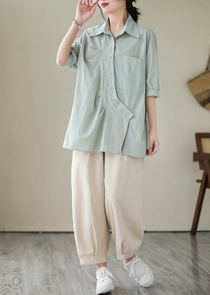 Bohemian Light Blue Asymmetrical Wrinkled Cotton Blouses Half Sleeve LY5279 - fabuloryshop