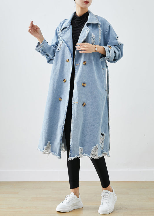 Bohemian Light Blue Lapel Double Breast Denim Ripped Coats Fall Ada Fashion