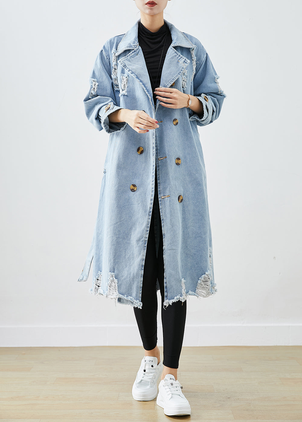 Bohemian Light Blue Lapel Double Breast Denim Ripped Coats Fall Ada Fashion