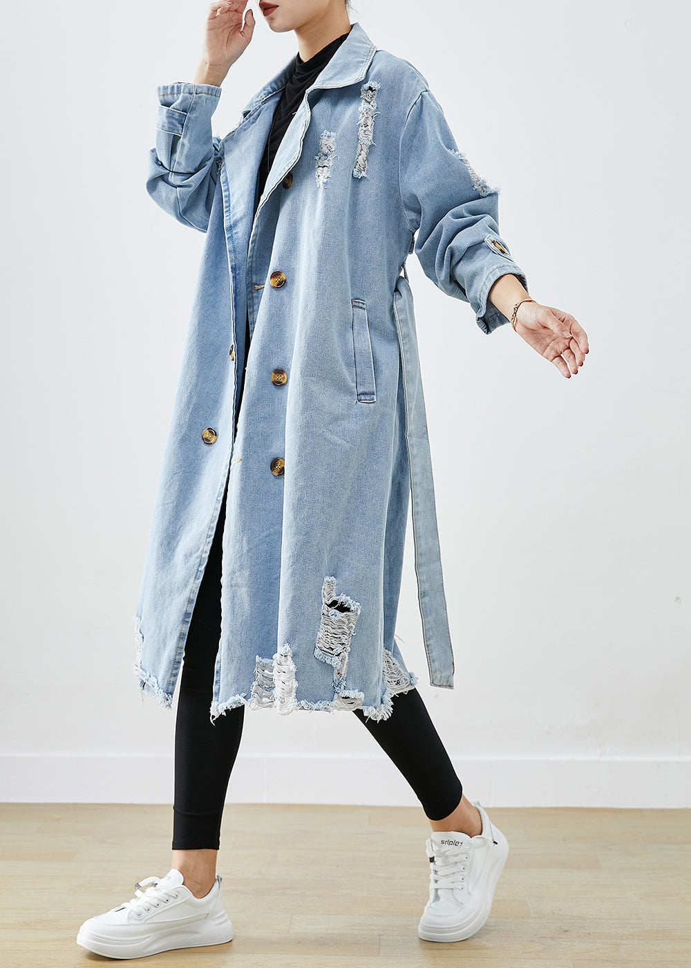 Bohemian Light Blue Lapel Double Breast Denim Ripped Coats Fall Ada Fashion