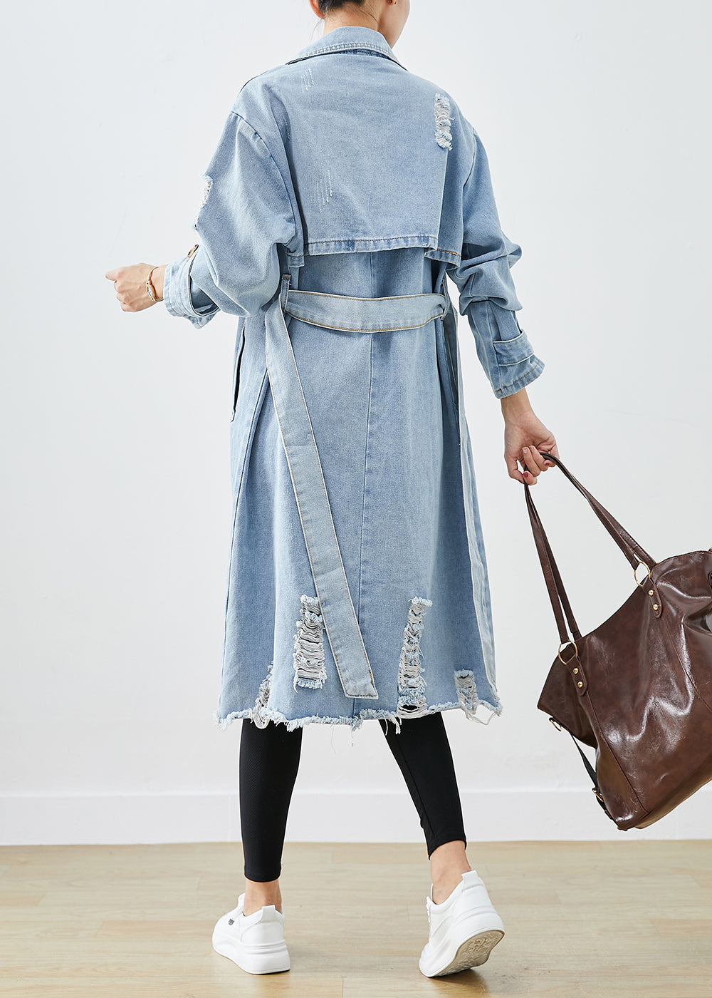 Bohemian Light Blue Lapel Double Breast Denim Ripped Coats Fall Ada Fashion