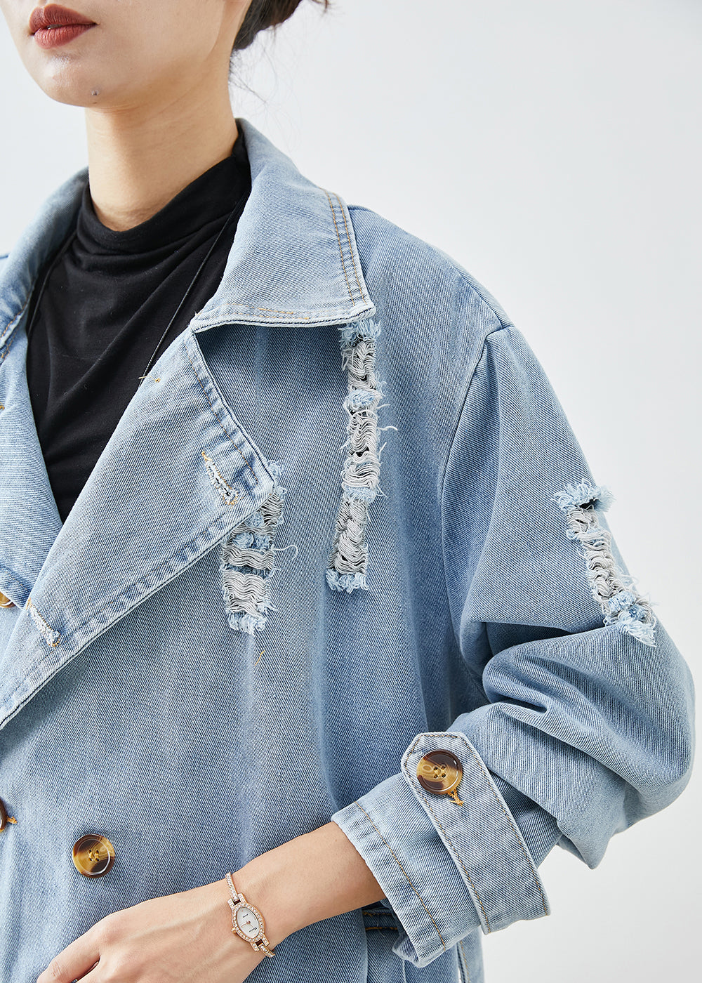 Bohemian Light Blue Lapel Double Breast Denim Ripped Coats Fall Ada Fashion