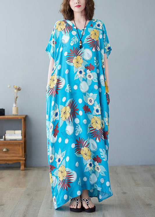 Bohemian Light Blue O-Neck Print Cotton Maxi Dresses Summer LY6083 - fabuloryshop