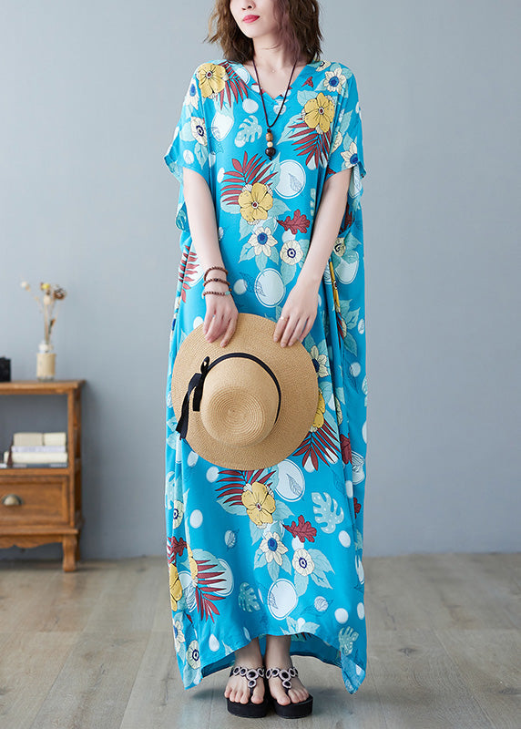 Bohemian Light Blue O-Neck Print Cotton Maxi Dresses Summer LY6083 - fabuloryshop