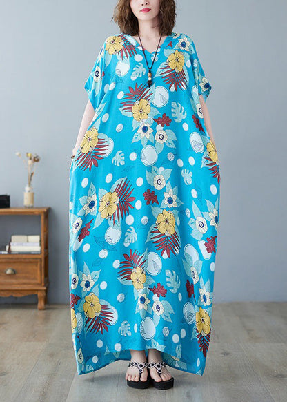 Bohemian Light Blue O-Neck Print Cotton Maxi Dresses Summer LY6083 - fabuloryshop