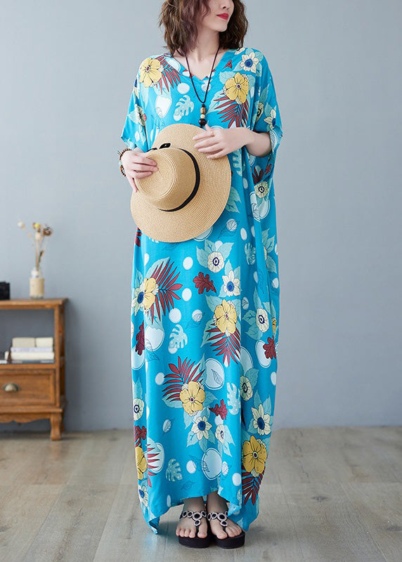 Bohemian Light Blue O-Neck Print Cotton Maxi Dresses Summer LY6083 - fabuloryshop