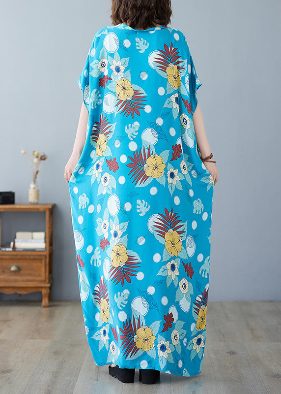 Bohemian Light Blue O-Neck Print Cotton Maxi Dresses Summer LY6083 - fabuloryshop