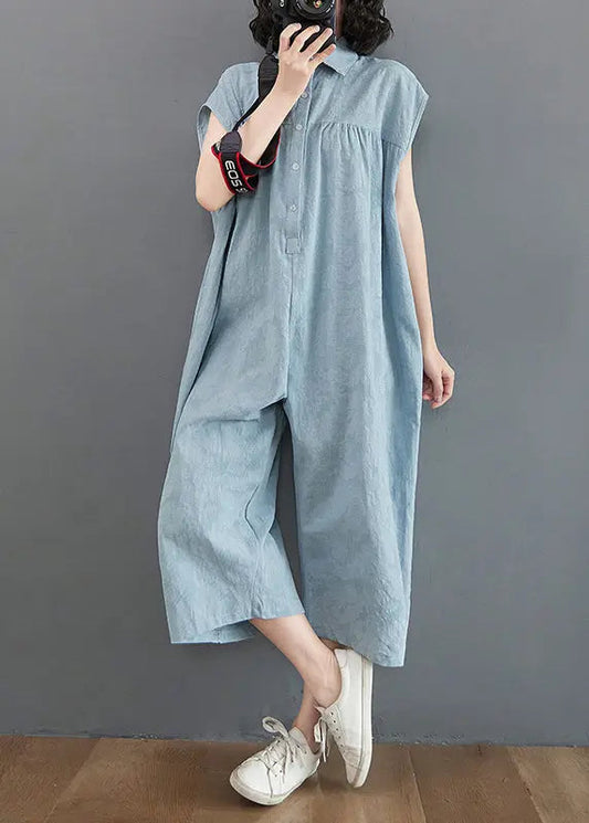 Bohemian Light Blue Oversized Patchwork Cotton Jumpsuit Summer Ada Fashion