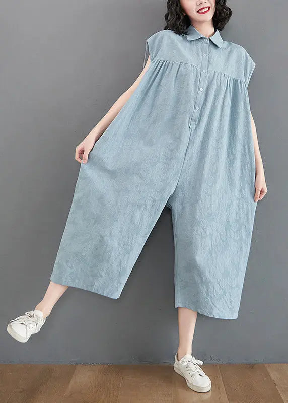 Bohemian Light Blue Oversized Patchwork Cotton Jumpsuit Summer Ada Fashion