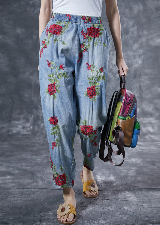 Bohemian Light Blue Rose Embroideried Pockets Cotton Harem Pants Summer LY4029 - fabuloryshop